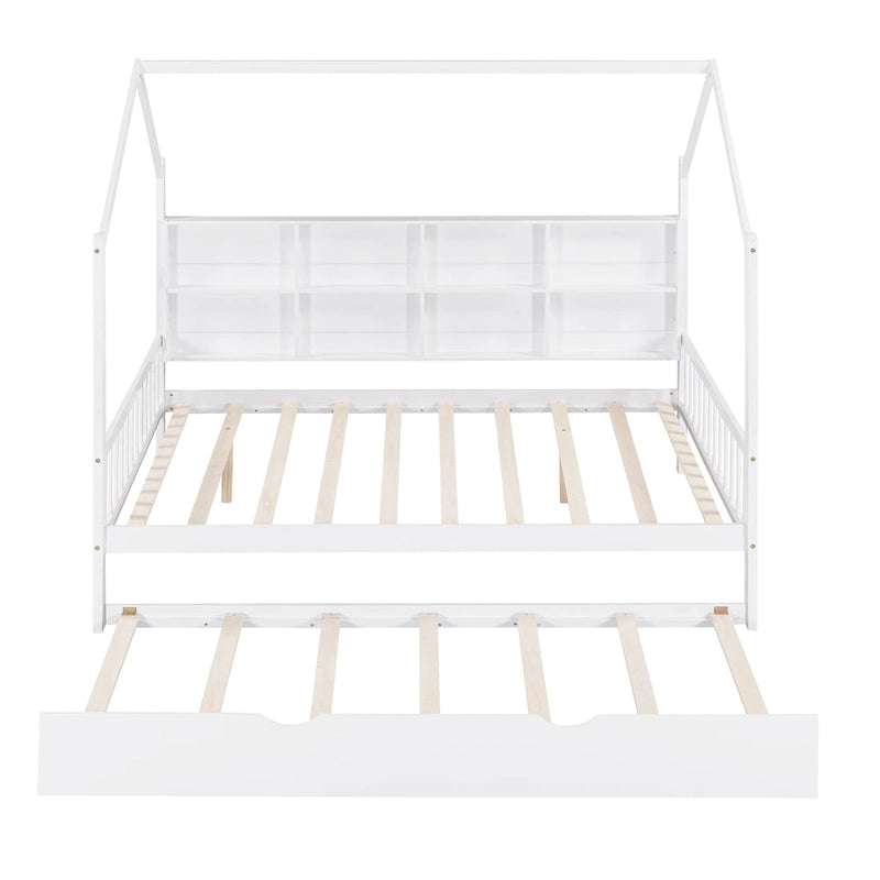Wooden Full Size House Bed with Trundle,Kids Bed with Shelf