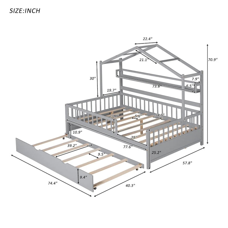 Full Size Grey Wood House-shaped Canopy Bed with Twin Trundle