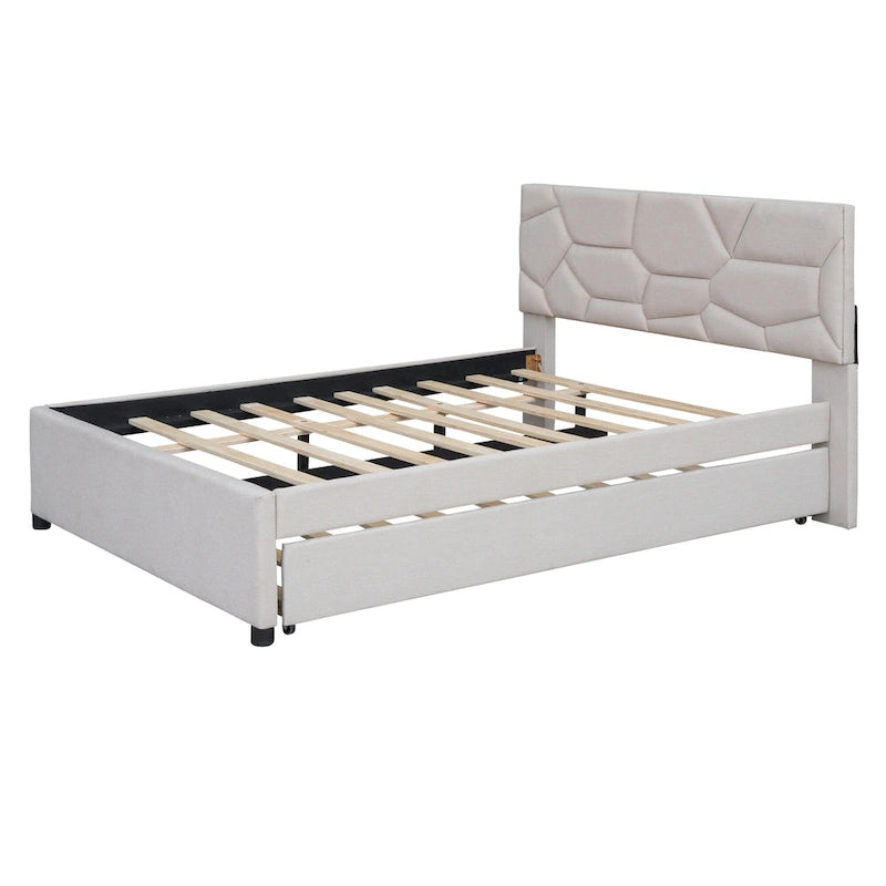 Upholstered Platform Bed with Brick Pattern Headboard and Twin Size Trundle