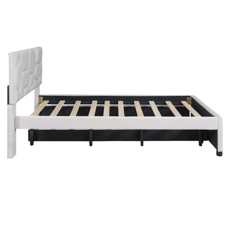 Upholstered Platform Bed with Brick Pattern Headboard and Twin Size Trundle