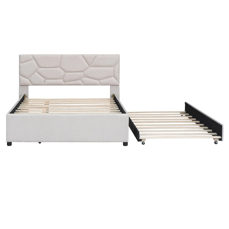Upholstered Platform Bed with Brick Pattern Headboard and Twin Size Trundle
