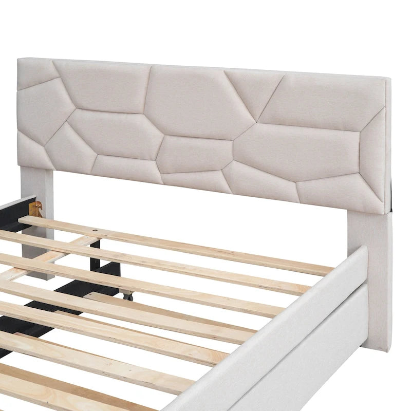 Upholstered Platform Bed with Brick Pattern Headboard and Twin Size Trundle