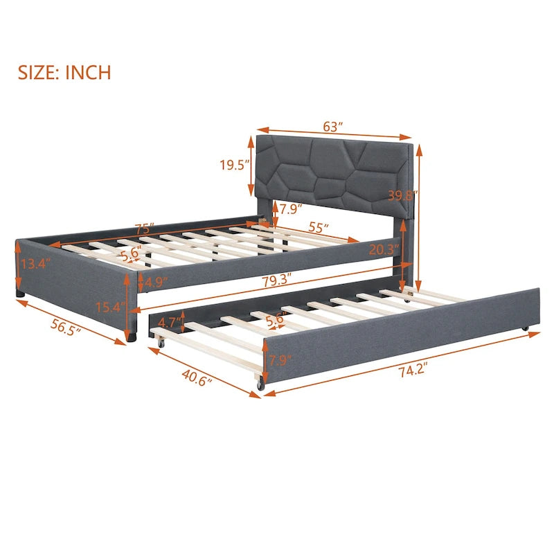 Upholstered Platform Bed with Brick Pattern Headboard and Twin Size Trundle