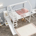 Wood House Loft Bed with Slide,Storage Shelves,Climbing Ramp and Light