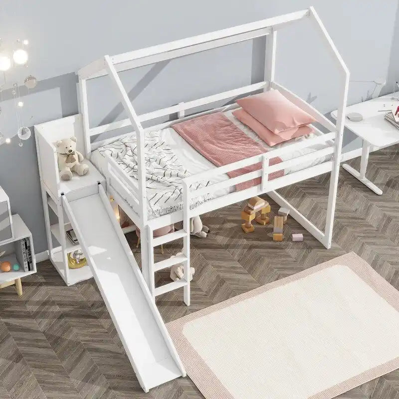 Wood House Loft Bed with Slide,Storage Shelves,Climbing Ramp and Light