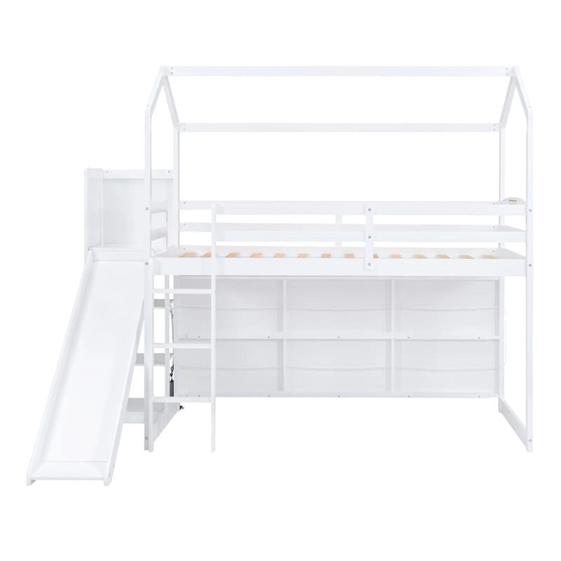 Wood House Loft Bed with Slide,Storage Shelves,Climbing Ramp and Light