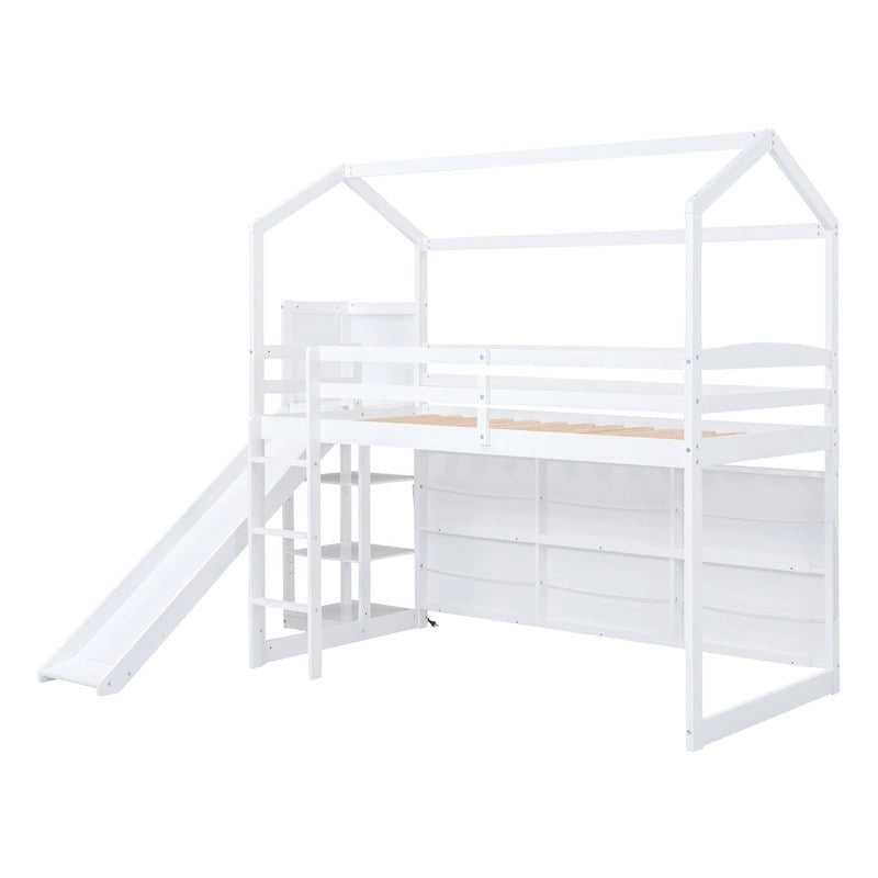Wood House Loft Bed with Slide,Storage Shelves,Climbing Ramp and Light