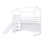 Wood House Loft Bed with Slide,Storage Shelves,Climbing Ramp and Light
