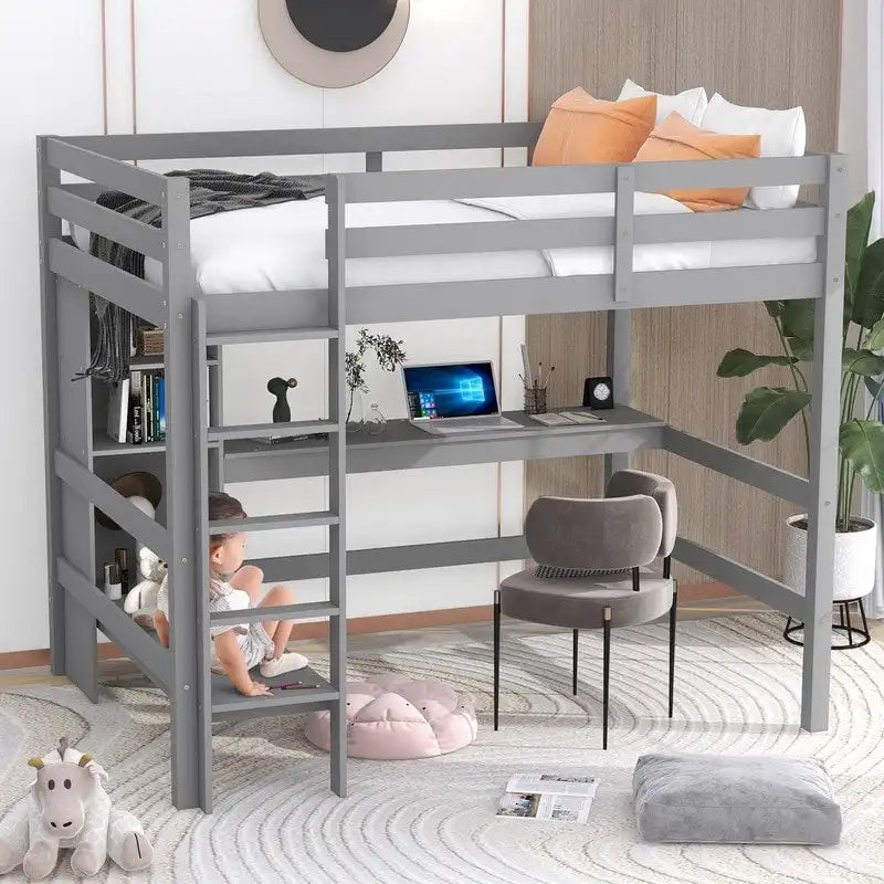 Full Size Loft Bed with Multifunction Shelves and Under-bed Desk