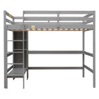 Full Size Loft Bed with Multifunction Shelves and Under-bed Desk