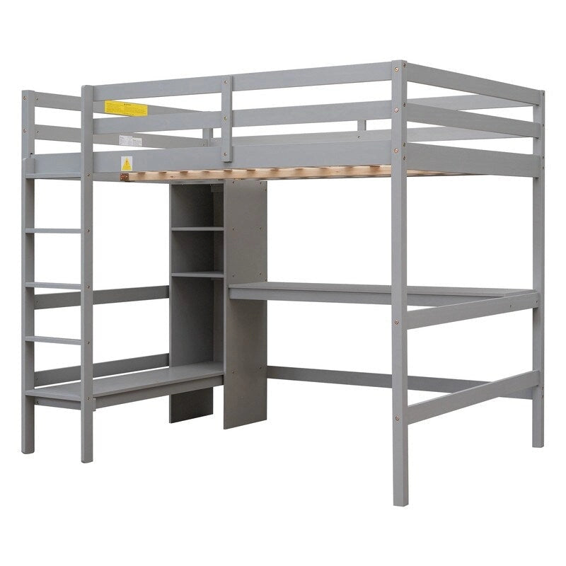 Full Size Loft Bed with Multifunction Shelves and Under-bed Desk