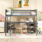 Full Size Loft Bed with Desk and Shelves Wooden Full Loft Bed