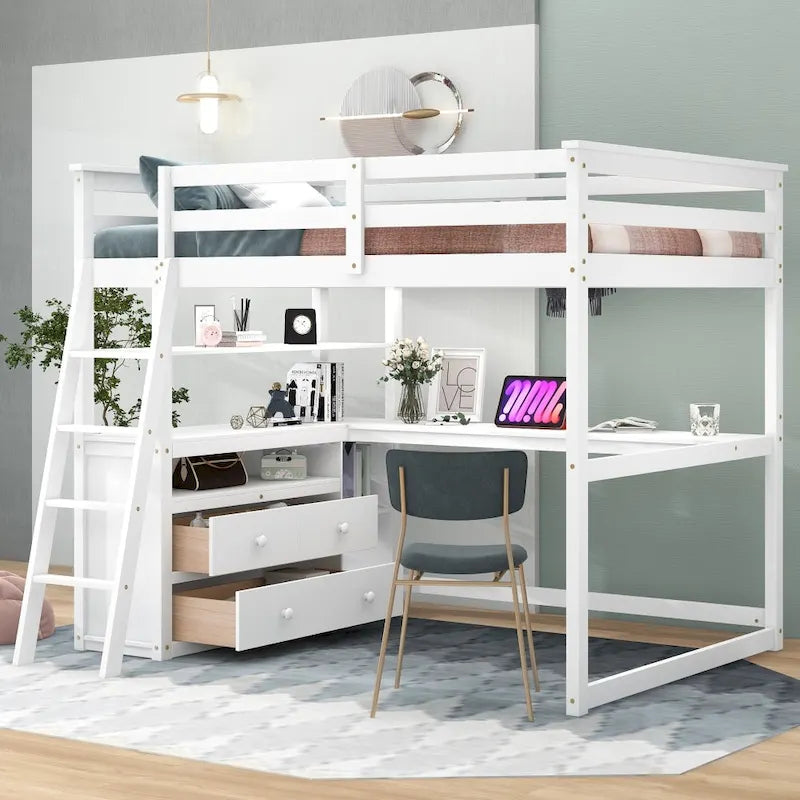 Full Size Loft Bed with Desk and Shelves