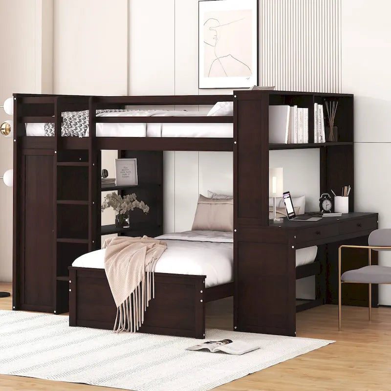 Full Size Loft Bed with Twin Size Stand-alone Bed, Desk and Wardrobe