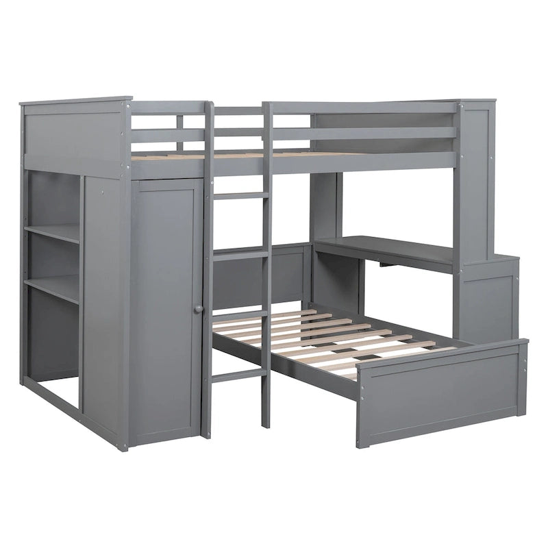 Full Size Loft Bed with Twin Size Stand-alone Bed, Desk and Wardrobe