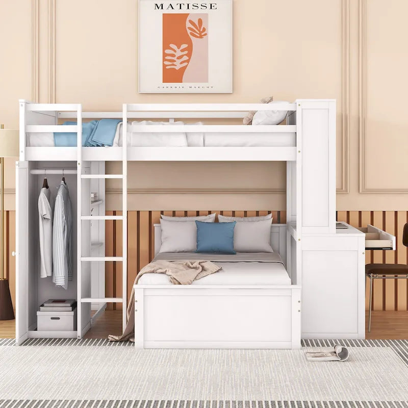 Full Size Loft Bed with Twin Size Stand-alone Bed, Desk and Wardrobe