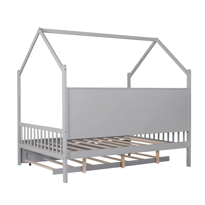 Wooden Full Size House Bed with Trundle