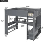 Wood Full Size Gaming Loft Bed with Desk, Multi-storage Shelves, LED and Charging Station, Dark Gray