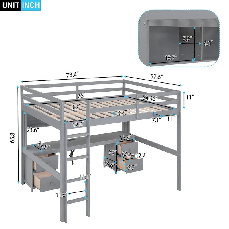 Full Size Loft Bed with Desk,Drawers and Bedside Tray,Charging Station