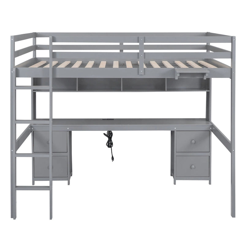 Full Size Loft Bed with Desk,Drawers and Bedside Tray,Charging Station