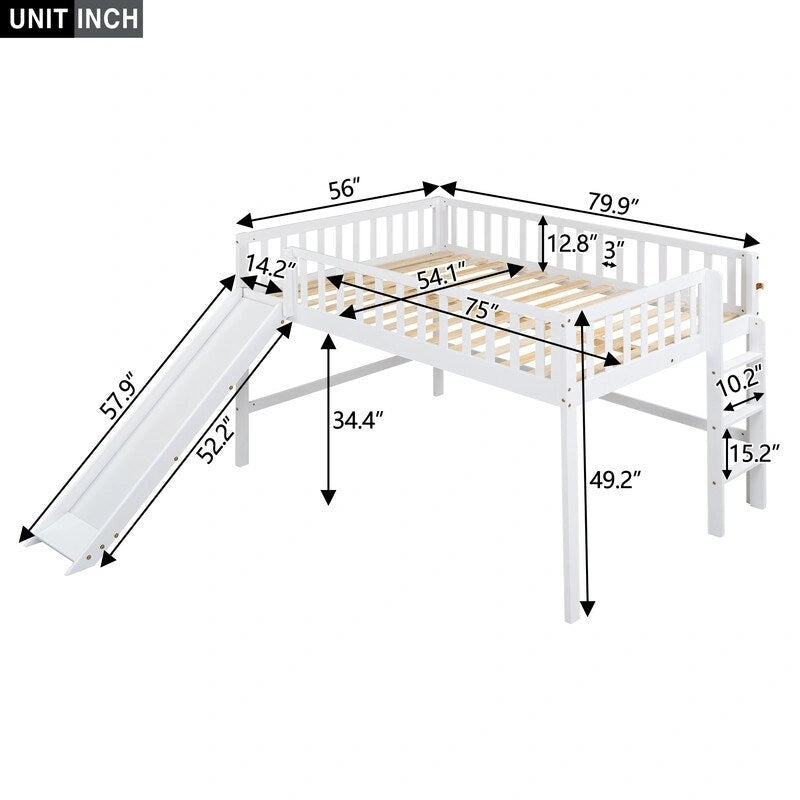 Full Size Low Loft Bed with Ladder and Slide