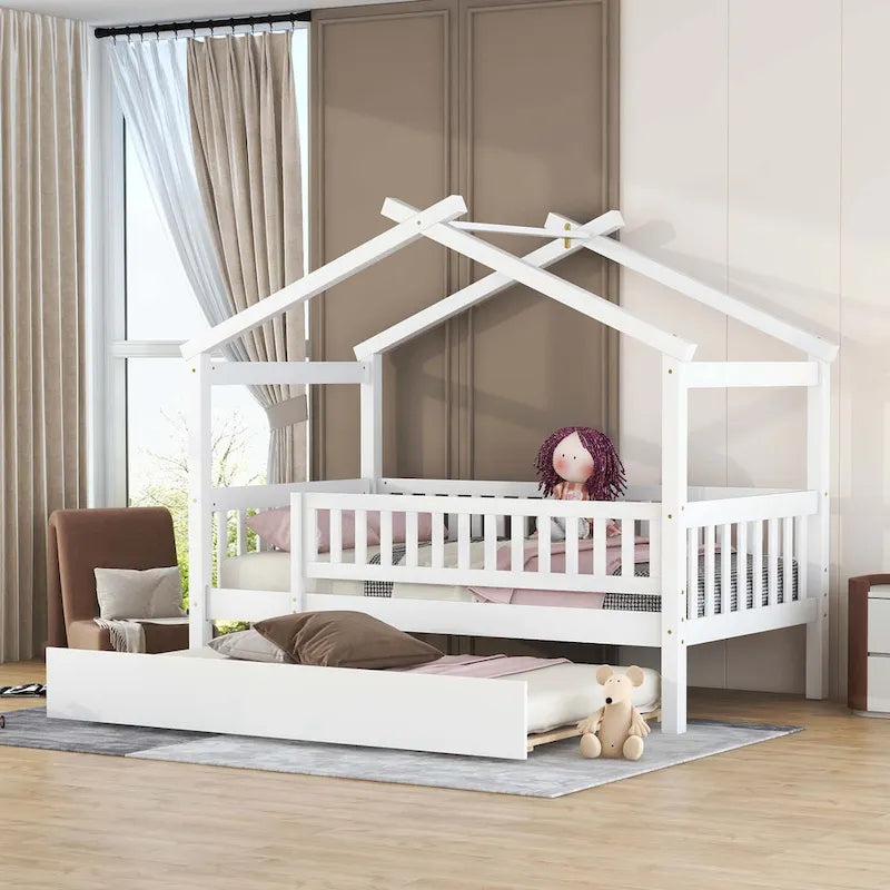 Wooden House Bed with Twin Size Trundle