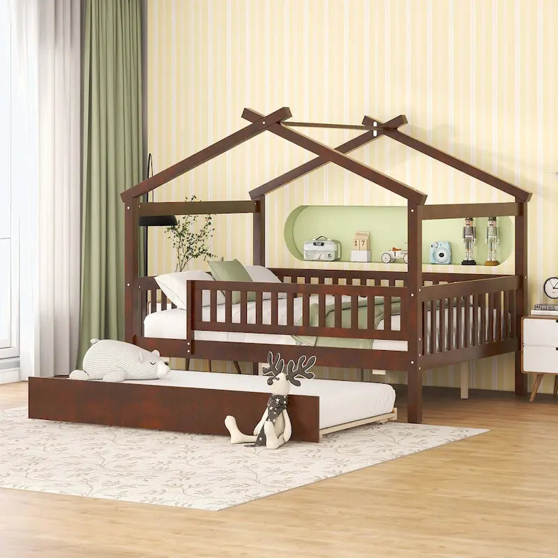 Wooden House Bed with Twin Size Trundle