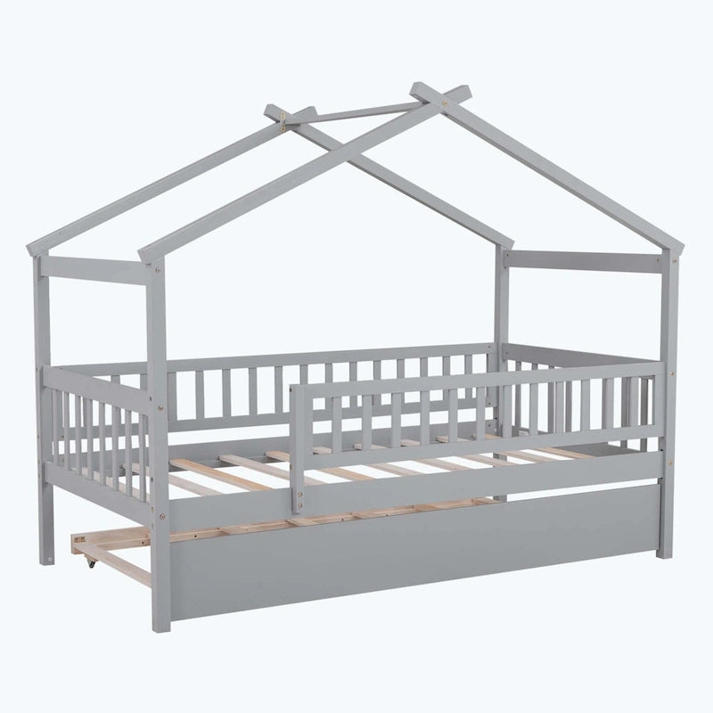 Wooden House Bed with Twin Size Trundle