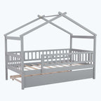 Wooden House Bed with Twin Size Trundle