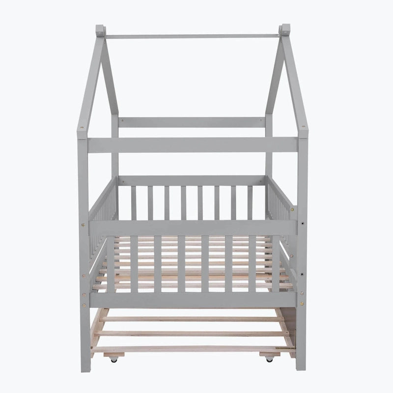 Wooden House Bed with Twin Size Trundle