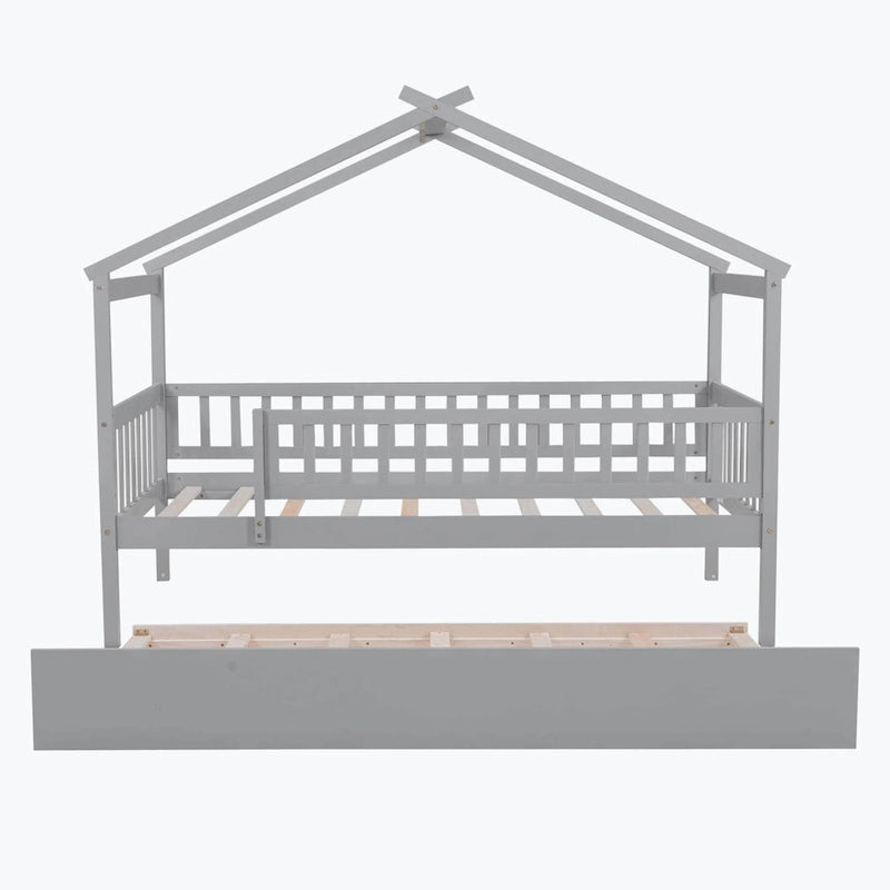 Wooden House Bed with Twin Size Trundle