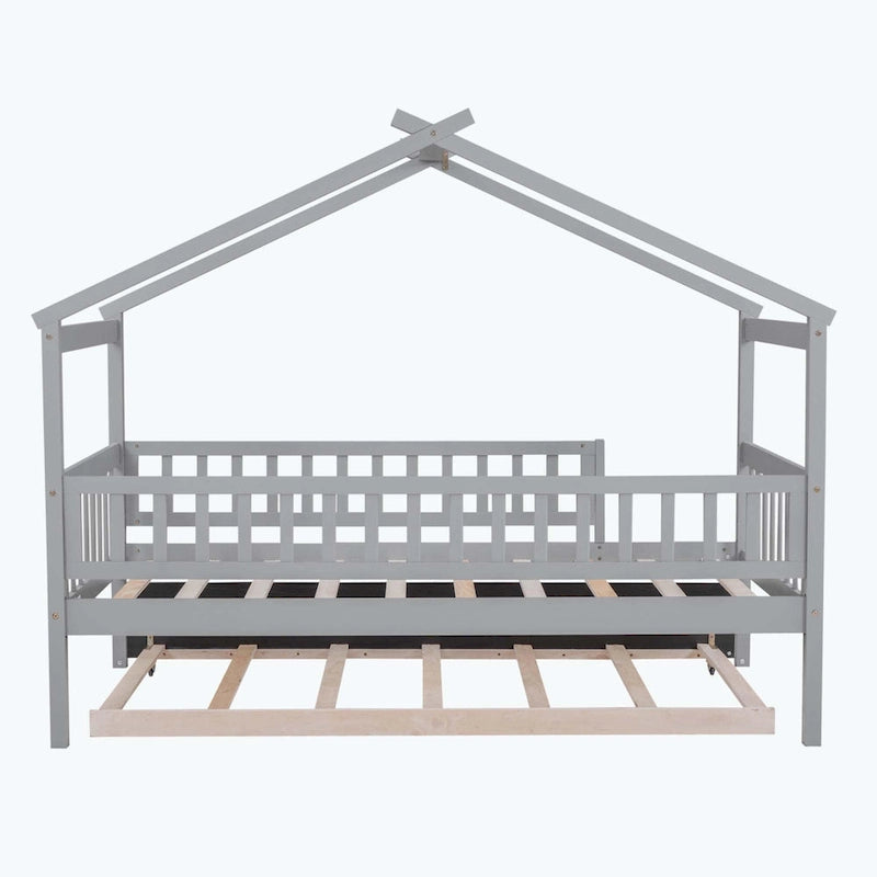 Wooden House Bed with Twin Size Trundle