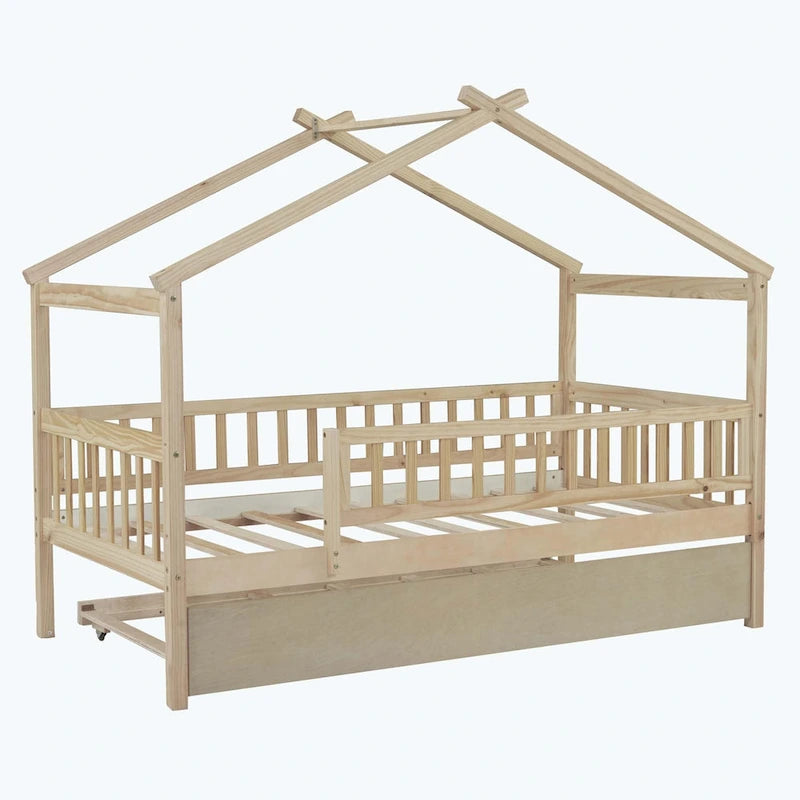 Wooden House Bed with Twin Size Trundle