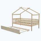 Wooden House Bed with Twin Size Trundle