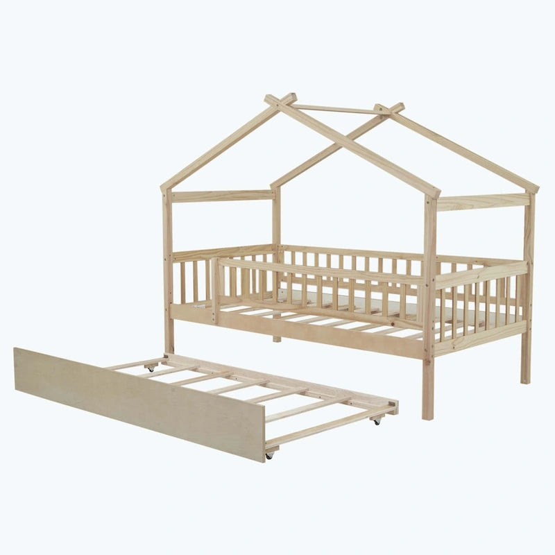 Wooden House Bed with Twin Size Trundle