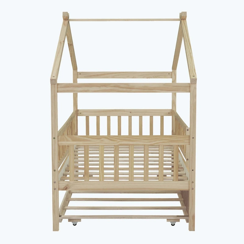 Wooden House Bed with Twin Size Trundle