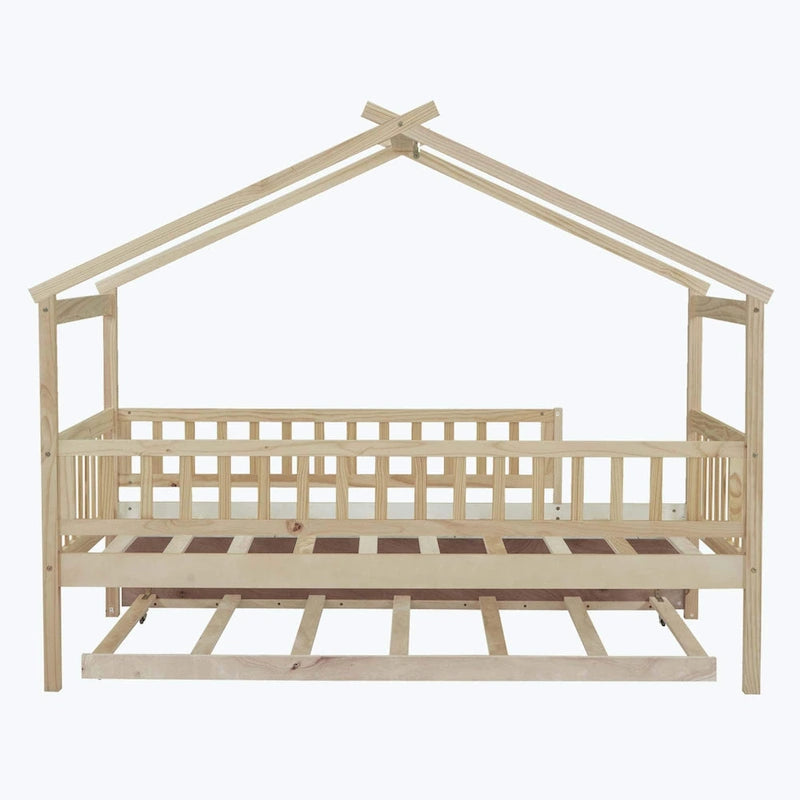 Wooden House Bed with Twin Size Trundle