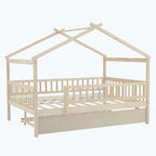 Wooden House Bed with Twin Size Trundle