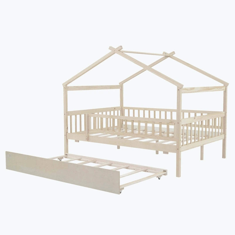 Wooden House Bed with Twin Size Trundle