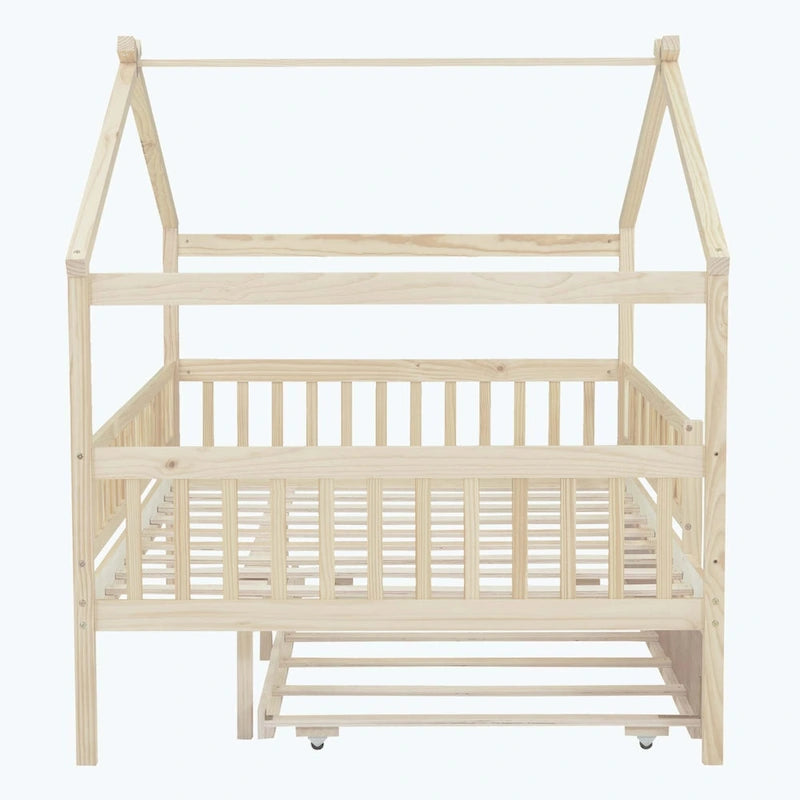 Wooden House Bed with Twin Size Trundle