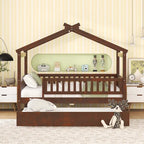 Wooden House Bed with Twin Size Trundle