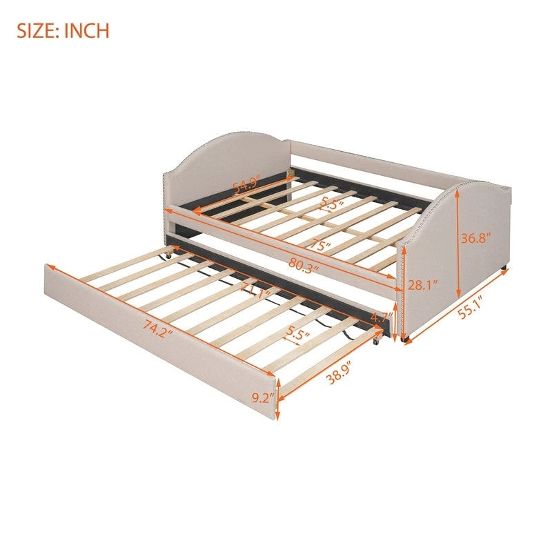 Daybed with Trundle, Full Size Upholstered Daybed with Twin Size Trundle