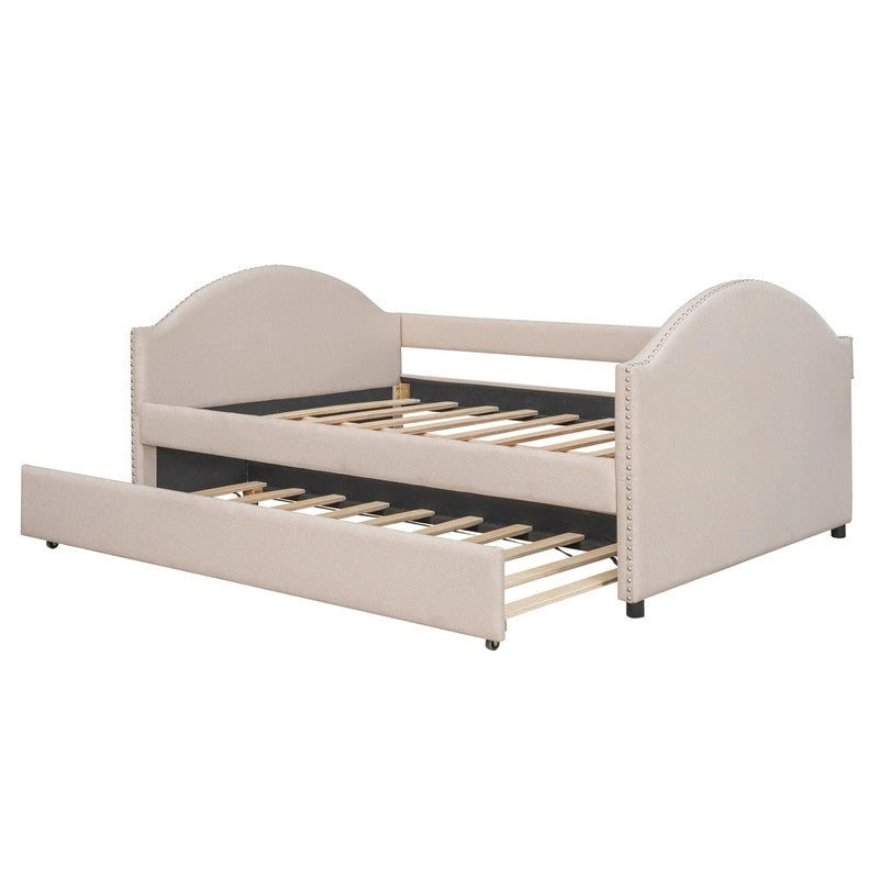 Daybed with Trundle, Full Size Upholstered Daybed with Twin Size Trundle