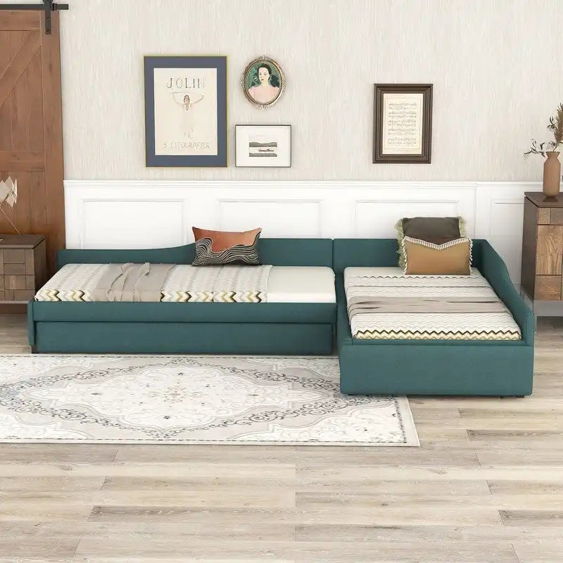 Upholstered Double Twin Size Daybed with Trundle and Drawer