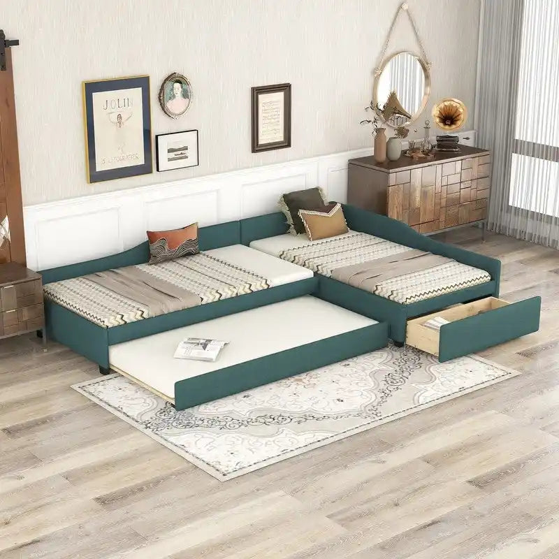 Upholstered Double Twin Size Daybed with Trundle and Drawer