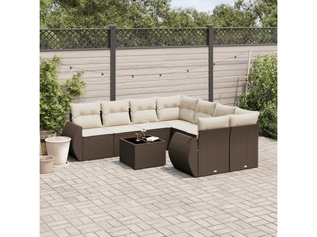 9-piece garden furniture set with cushions, brown woven resin, 21182XKPZ