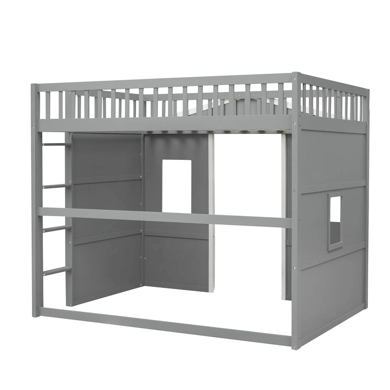 Full Size House Loft Bed With Ladder-Gray