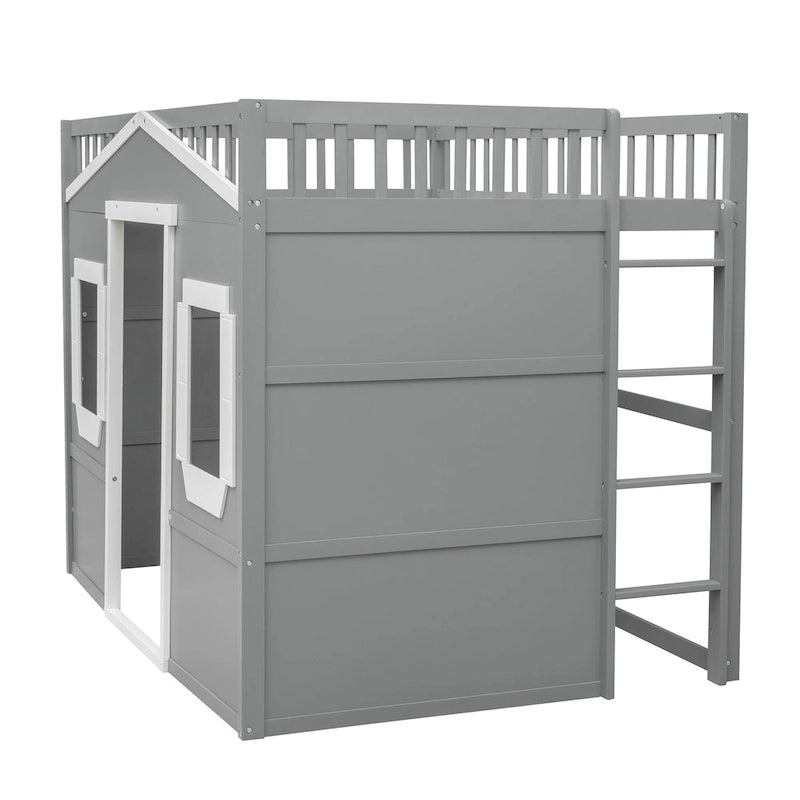 Full Size House Loft Bed With Ladder-Gray