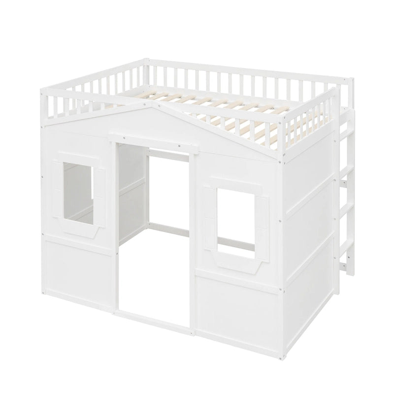 Full Size House Loft Bed With Ladder-Gray