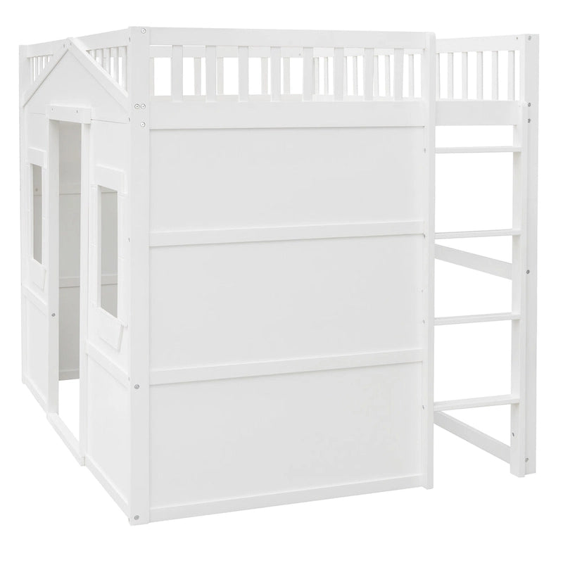 Full Size House Loft Bed With Ladder-Gray